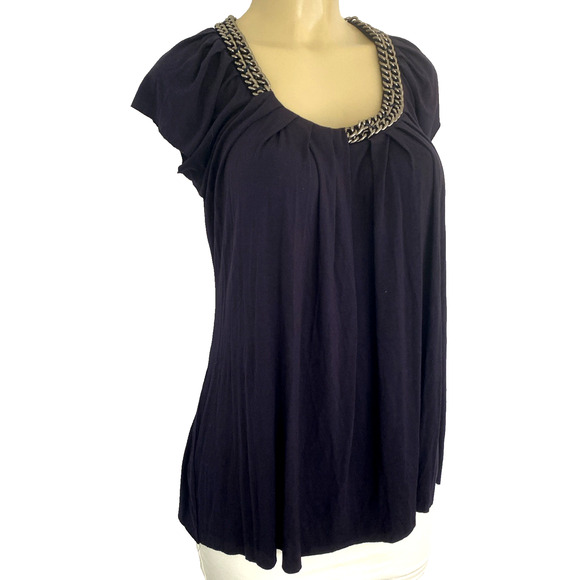 3.1 Phillip Lim Top Blouse Navy Blue Chain Neck Short Sleeve Relaxed Fit Scoop L - Picture 2 of 8